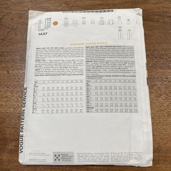 Vogue Sewing Pattern 1437 Tamotsu 1994 Designer Career Wardrobe Sizes 8 - 12 - Picture 6 of 6